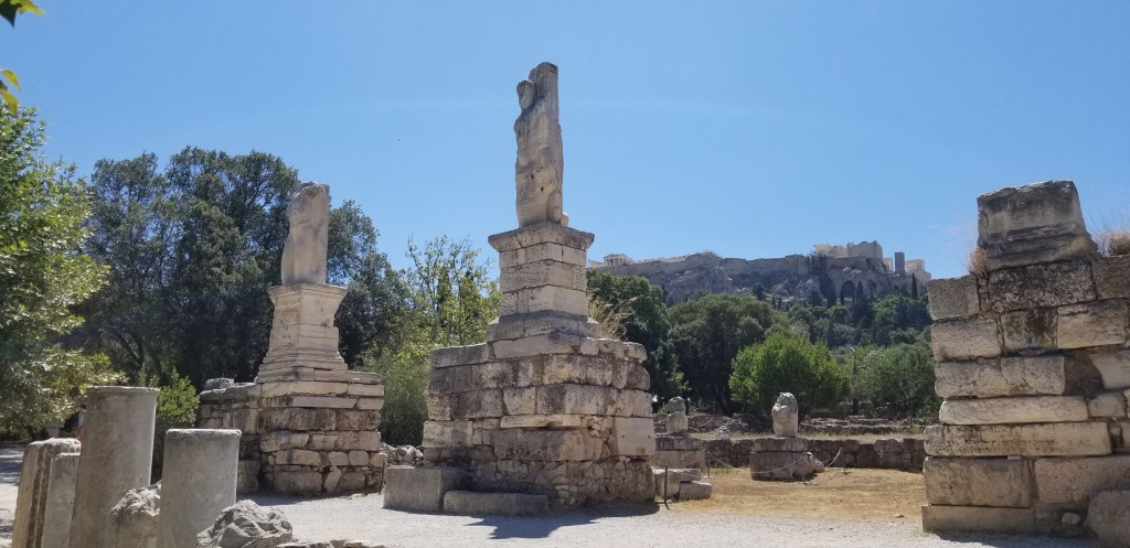 A photo of decapitated statues in the Athenian Agora.